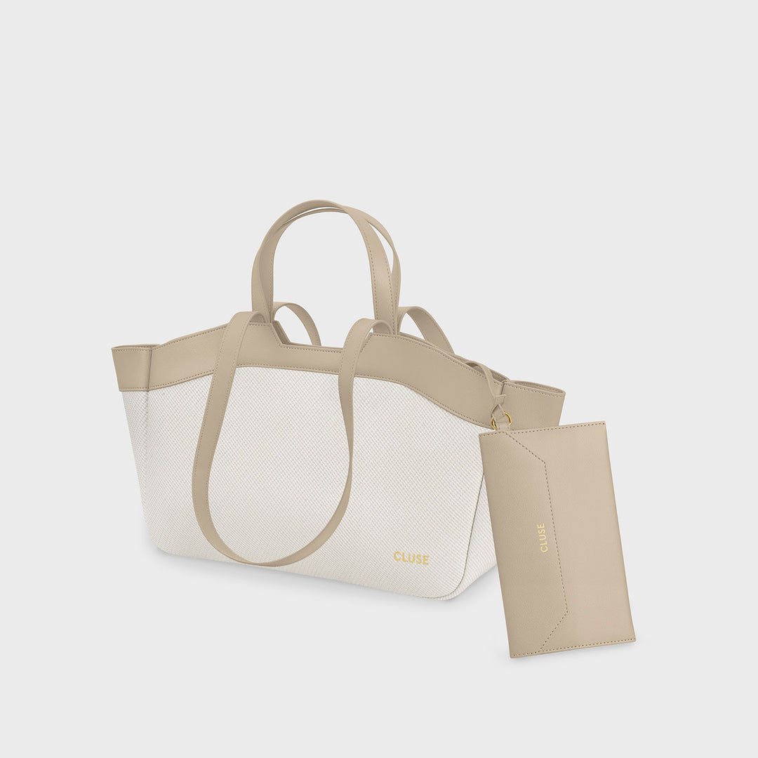 CLUSE Tote Bag Petite, Textured Beige, Sand Colour CX15805 - Tote bag side with pouch