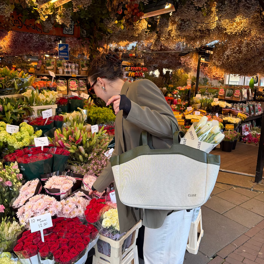 CLUSE Tote Bag Petite, Beige, Dark Olive Colour CX15806 - Tote Bag on model