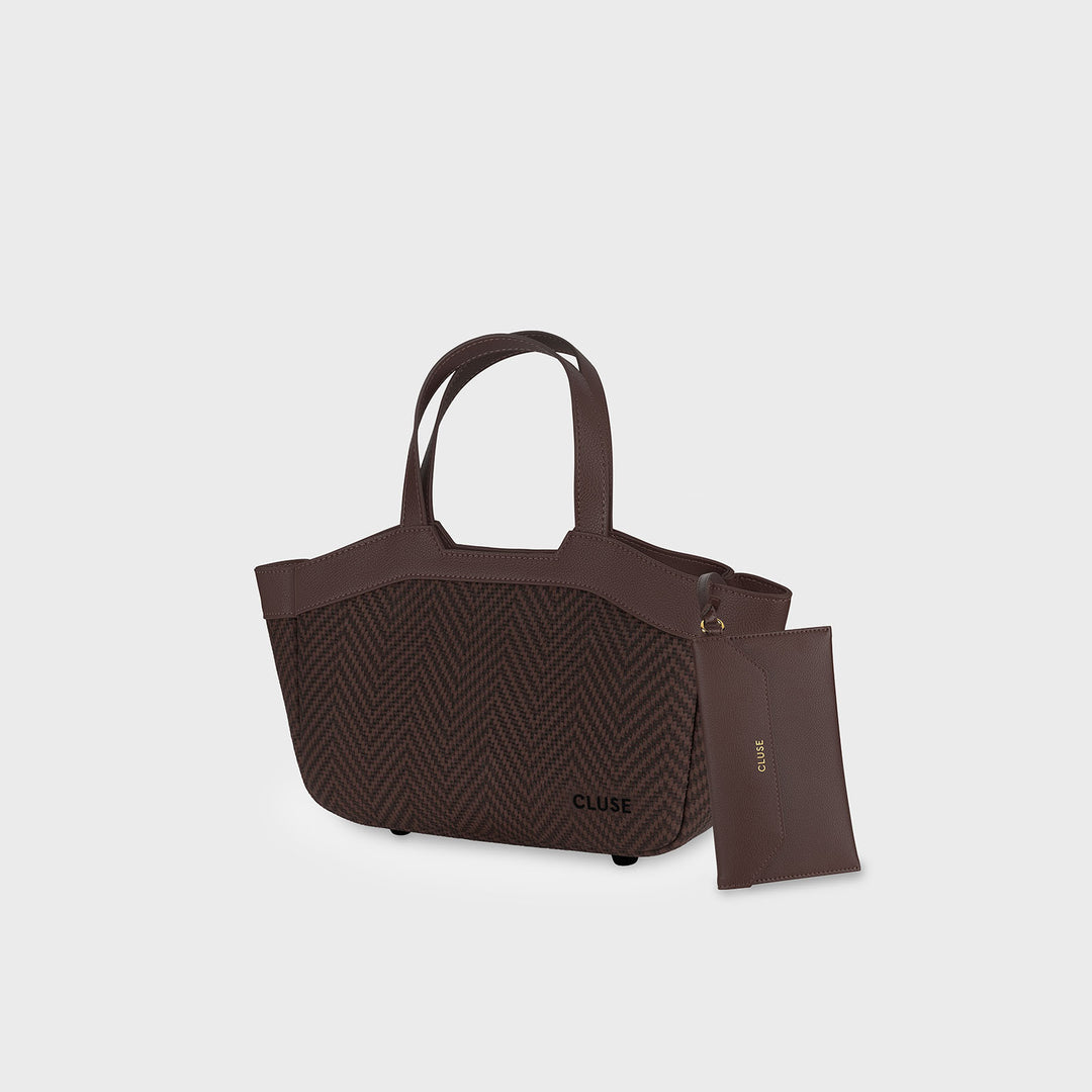 CLUSE Tote Bag Mini, Textured Full Dark Brown Colour CX15902 - Tote Bag Mini side with pouch