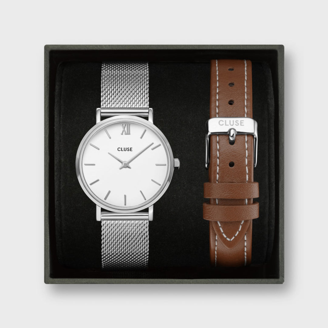 Gift Box Minuit Watch & Brown Leather Strap Silver Colour