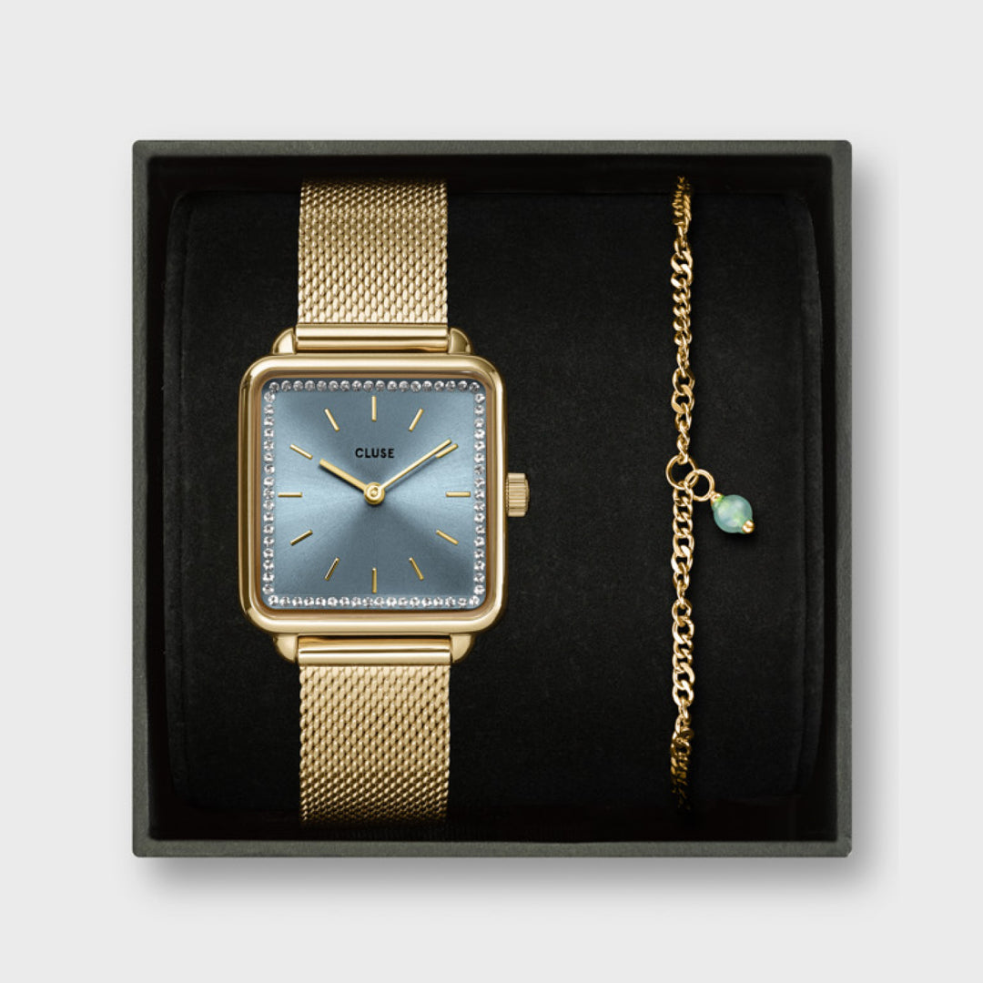 Gift Box La Tétragone Mesh Watch & Chain Bracelet, Gold Colour