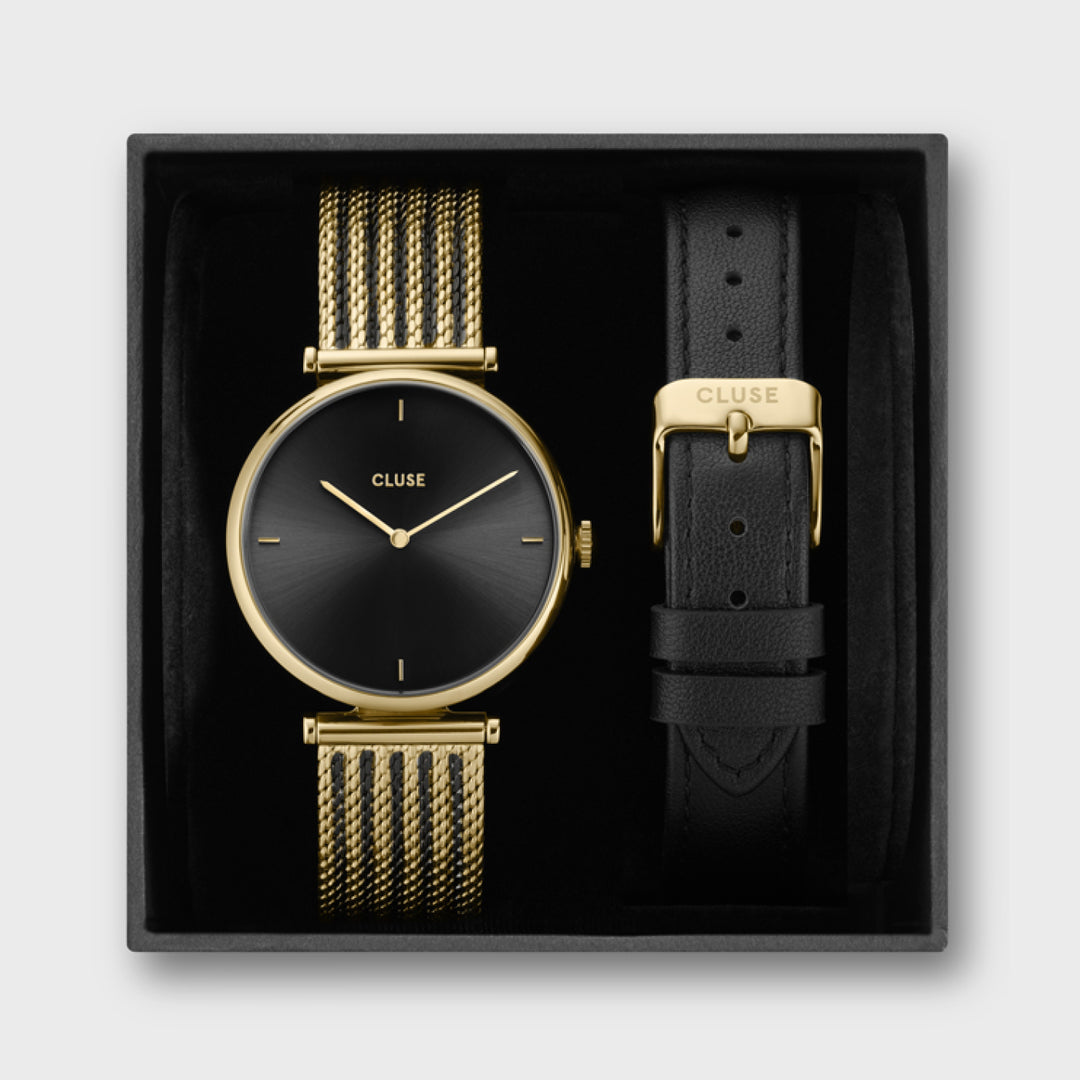 Gift Box Triomphe Mesh, Gold Colour & Black Leather Strap