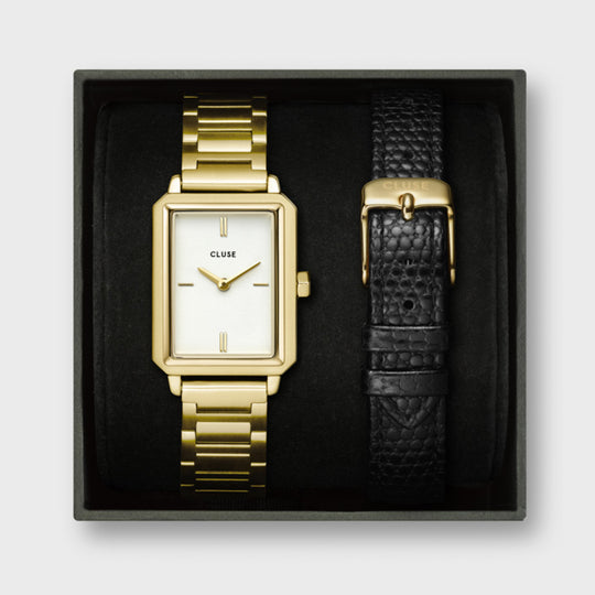 Gift Box Fluette Steel Watch and Black Leather Lizard Strap, Gold Colour