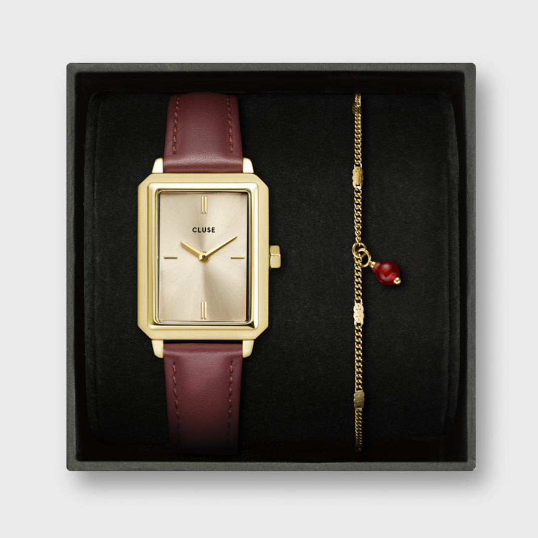 Gift Box Fluette Leather Watch and Chain Bracelet, Gold Colour
