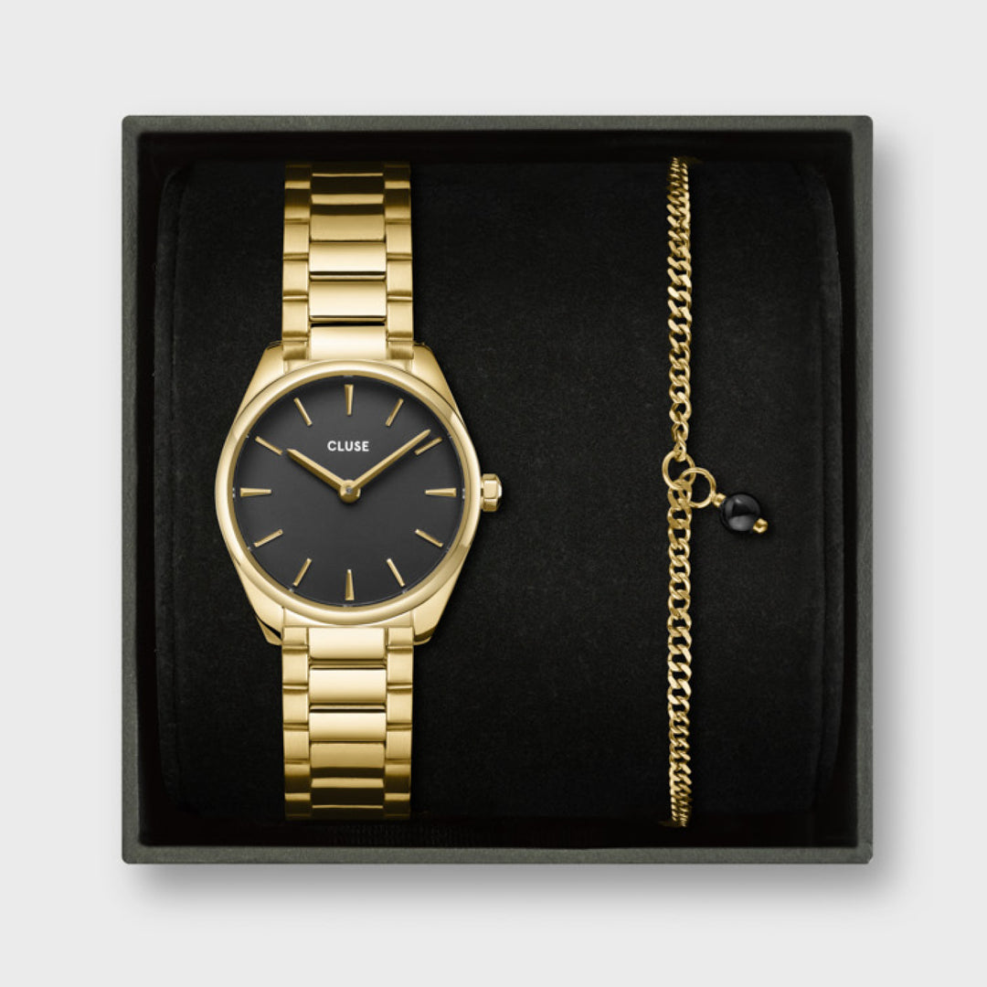 Gift Box Féroce Mini Watch Black & Chain Bracelet, Gold Colour