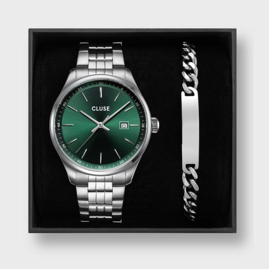 Gift Box Anthéor Steel Watch Green and Silver Chain Bracelet