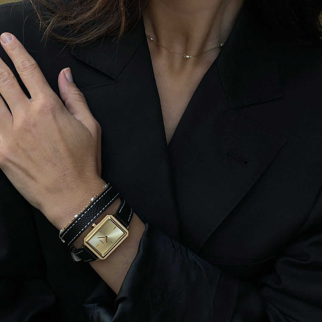 CLUSE Fluette Watch Double Leather, Black, Full Gold Colour CW11517 - Watch on influencer