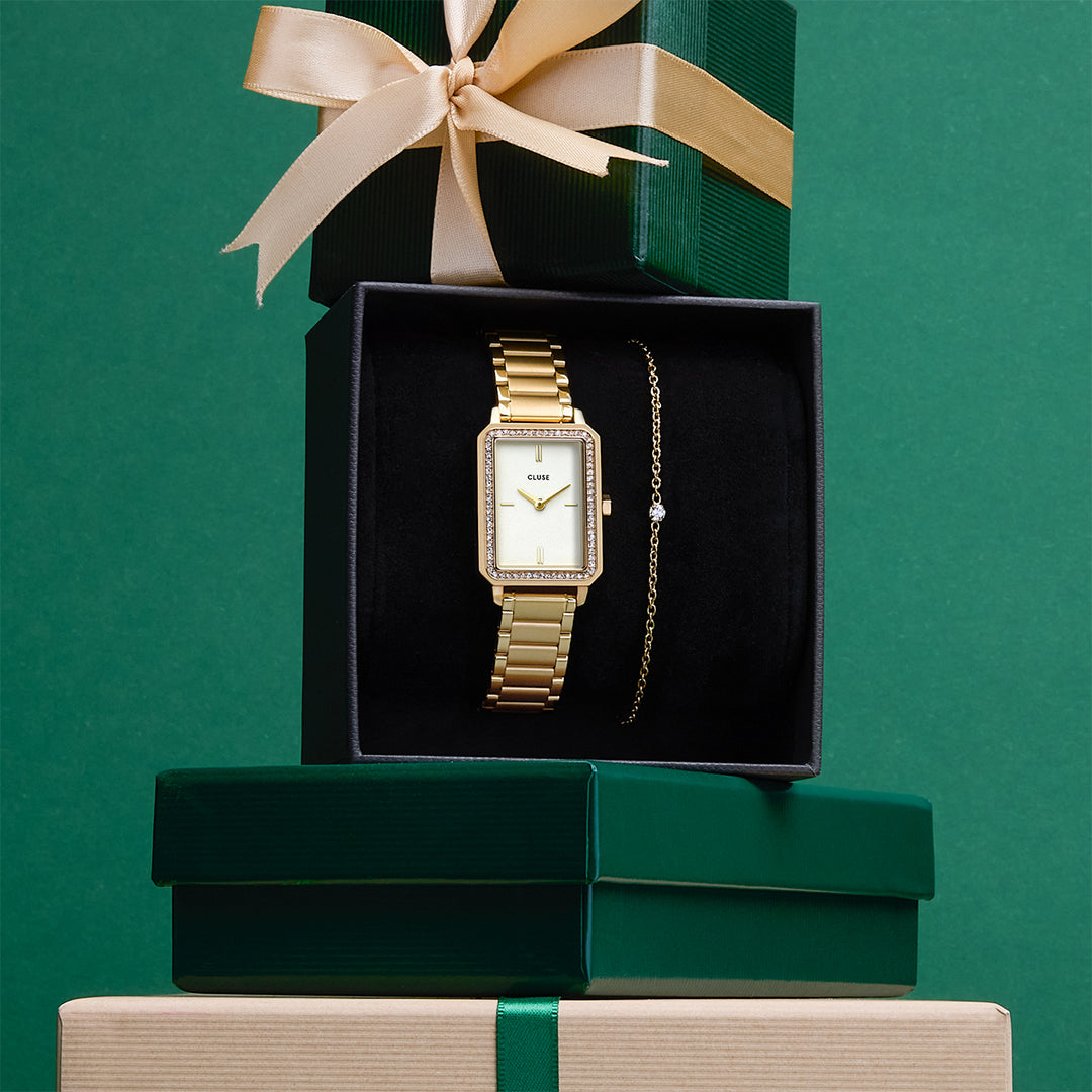 CLUSE Gift Box Fluette Watch Steel White Stones & Zircon Bracelet, Gold Colour CG11508 - gift box