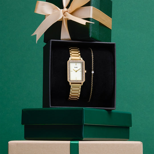 CLUSE Gift Box Fluette Watch Steel White Stones & Zircon Bracelet, Gold Colour CG11508 - gift box