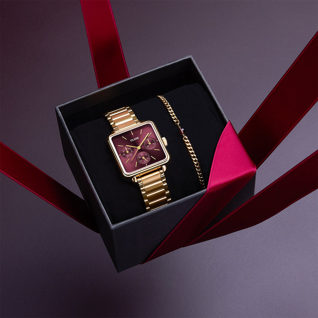CLUSE Gift Box La Tétragone Multifunction Watch Steel, Dark Cherry & Bead Bracelet, Gold Colour CG13801 - gift box