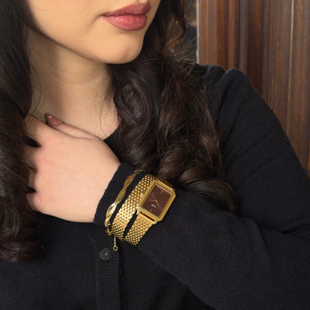 CLUSE Fluette Watch Double Steel, Wine, Gold Colour CW11516 - Watch on influencer