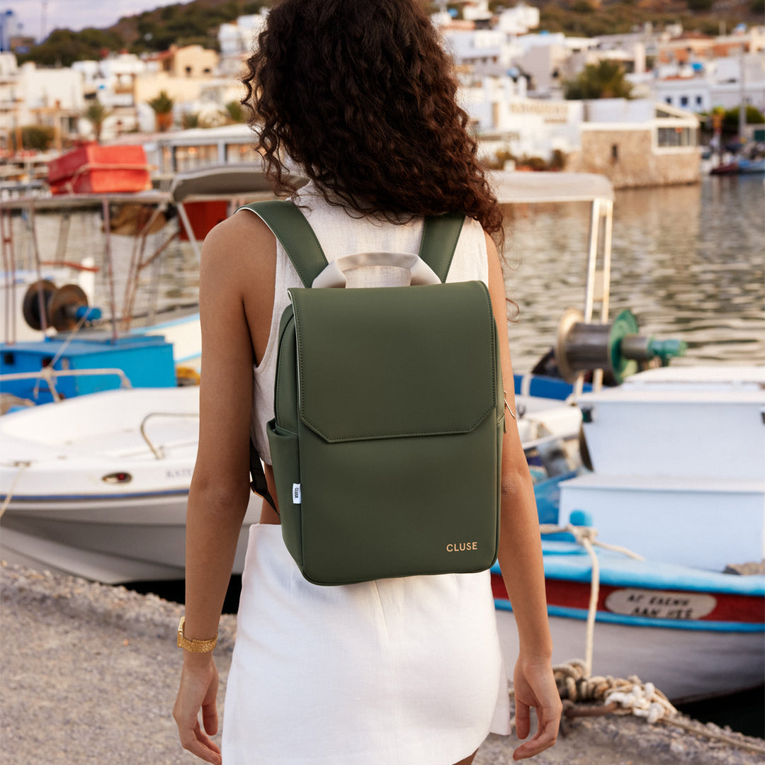 CLUSE Nuitée Petite Backpack Dark Green Beige Gold Colour CX03901 - Backpack on a model