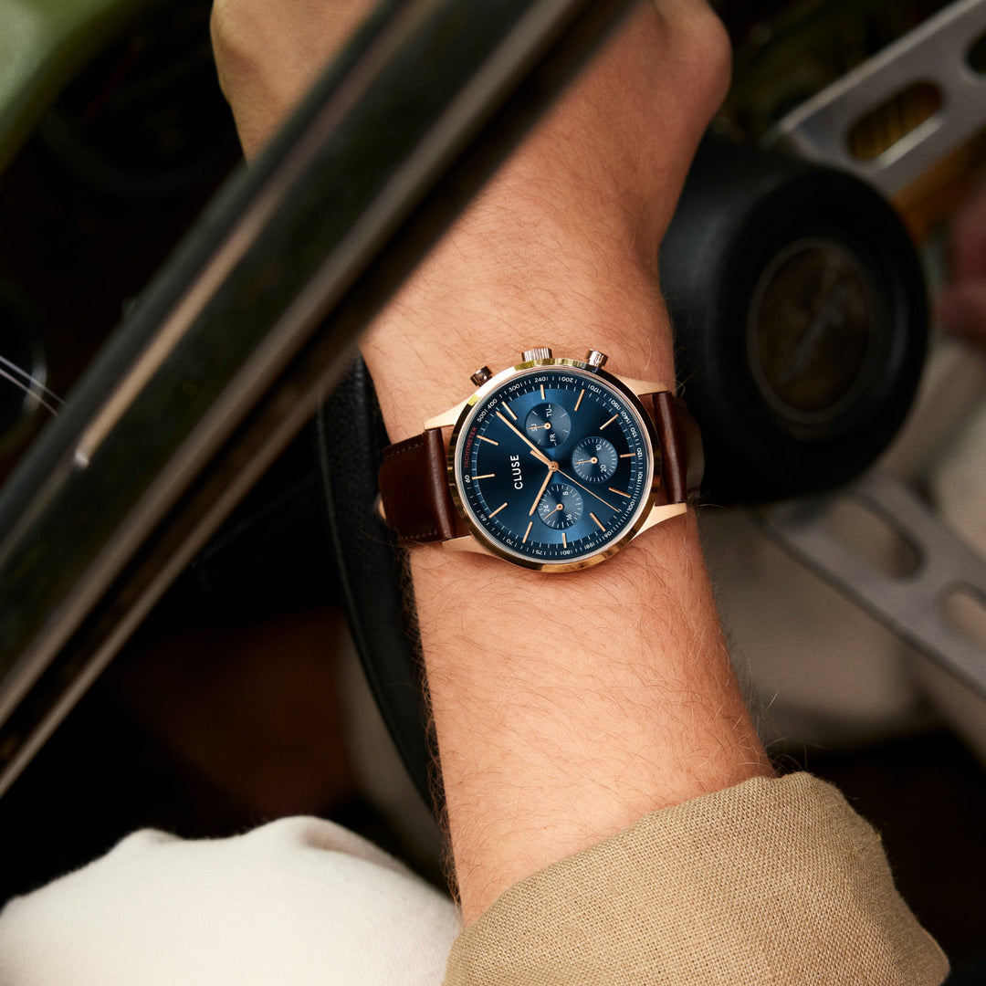 CLUSE Anthéor Multifunction Watch Leather Blue, Rose Gold Colour CW21009 - Watch on model