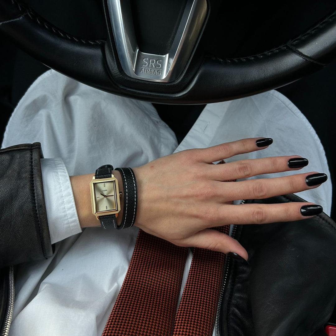 CLUSE Fluette Watch Double Leather, Black, Full Gold Colour CW11517 - Watch on influencer