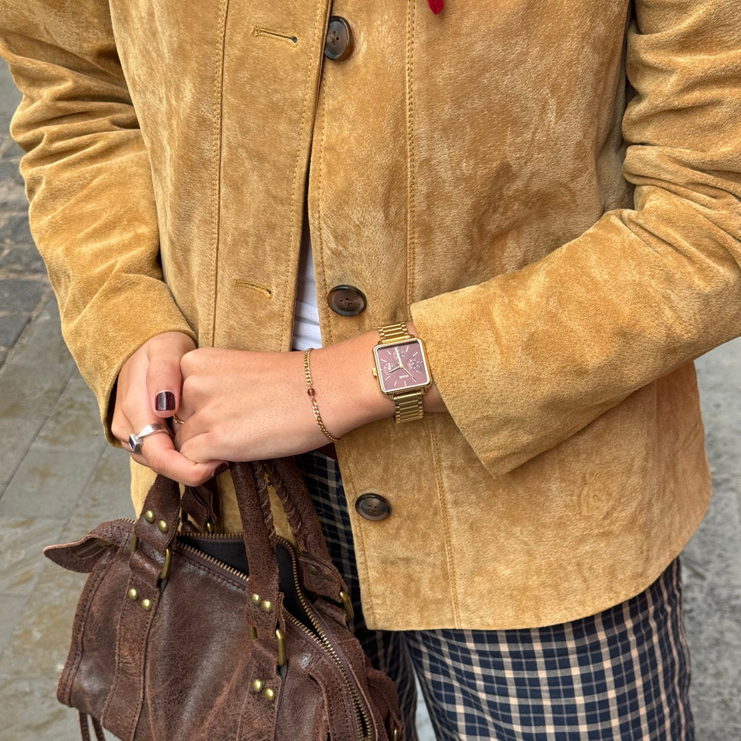 CLUSE Gift Box La Tétragone Multifunction Watch Steel, Dark Cherry & Bead Bracelet, Gold Colour CG13801 - Watch on influencer