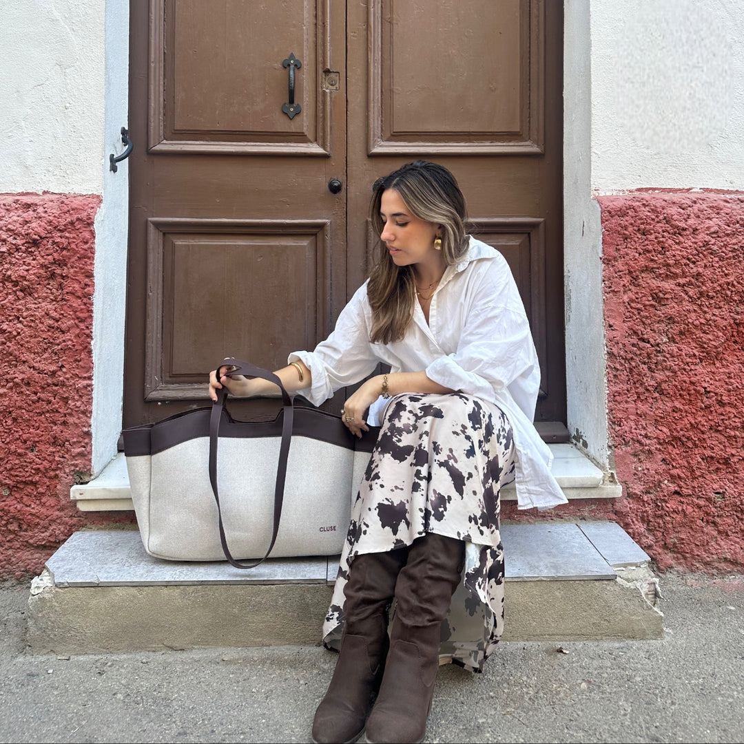 CLUSE Tote Bag, Beige, Dark Brown Colour CX15404 - Bag worn by model