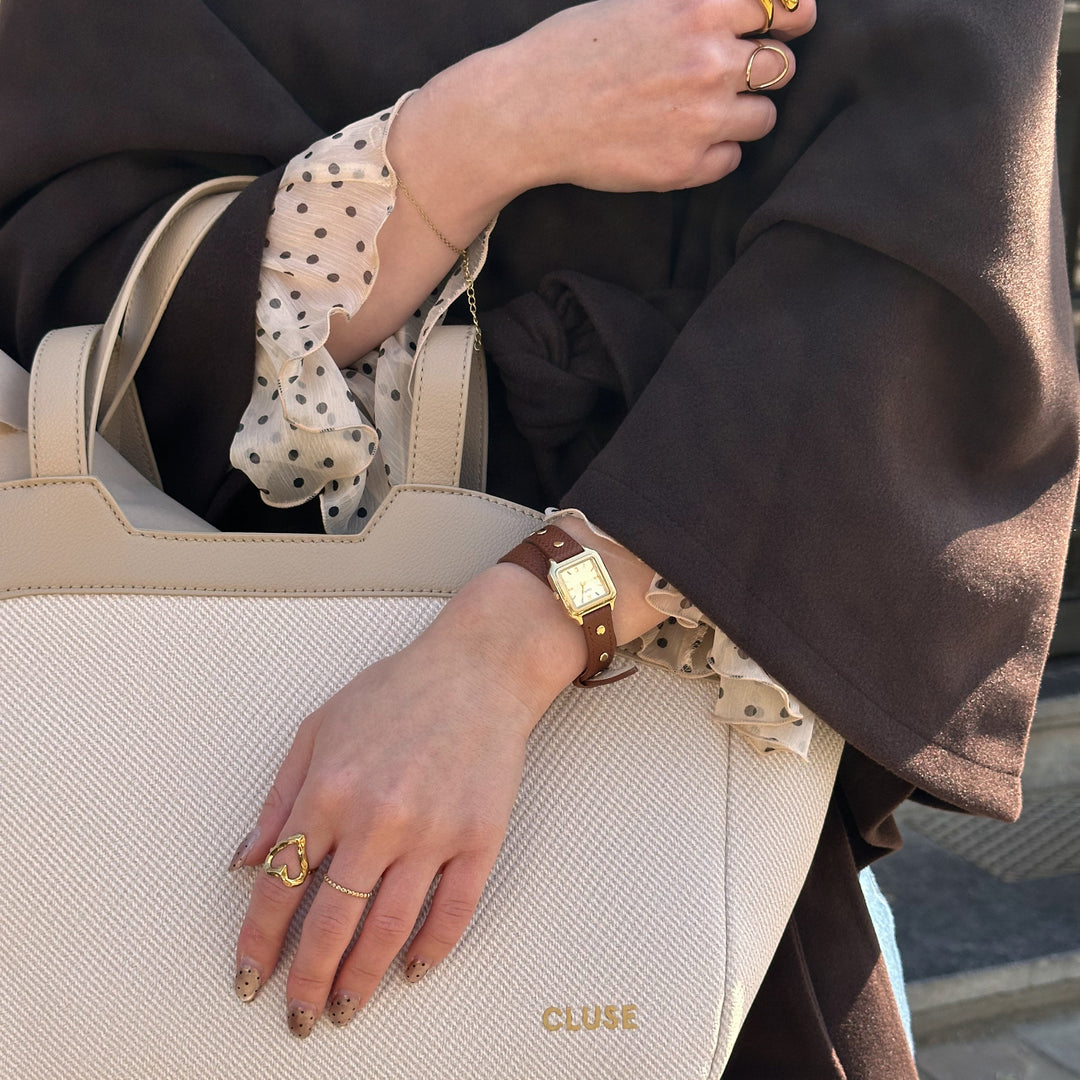 CLUSE Gracieuse Mini Watch Double Leather Nutshell, Studs, Gold Colour CW15507 - Watch on influencer