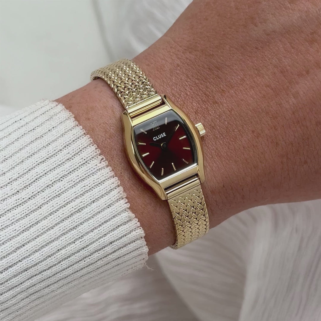 CLUSE Tonnette Mini Watch Mesh, Brown, Gold Colour CW16504 - Moving wrist shot