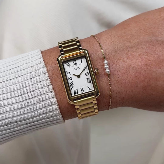 CLUSE Gift Box Belisenna Watch Steel, White & Bracelet, Gold Colour CG15001 - moving wrist shot with watch and bracelet