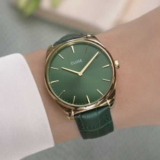 CLUSE Féroce Leather, Gold, Forest Green Croco CW0101212006 - Watch on wrist
