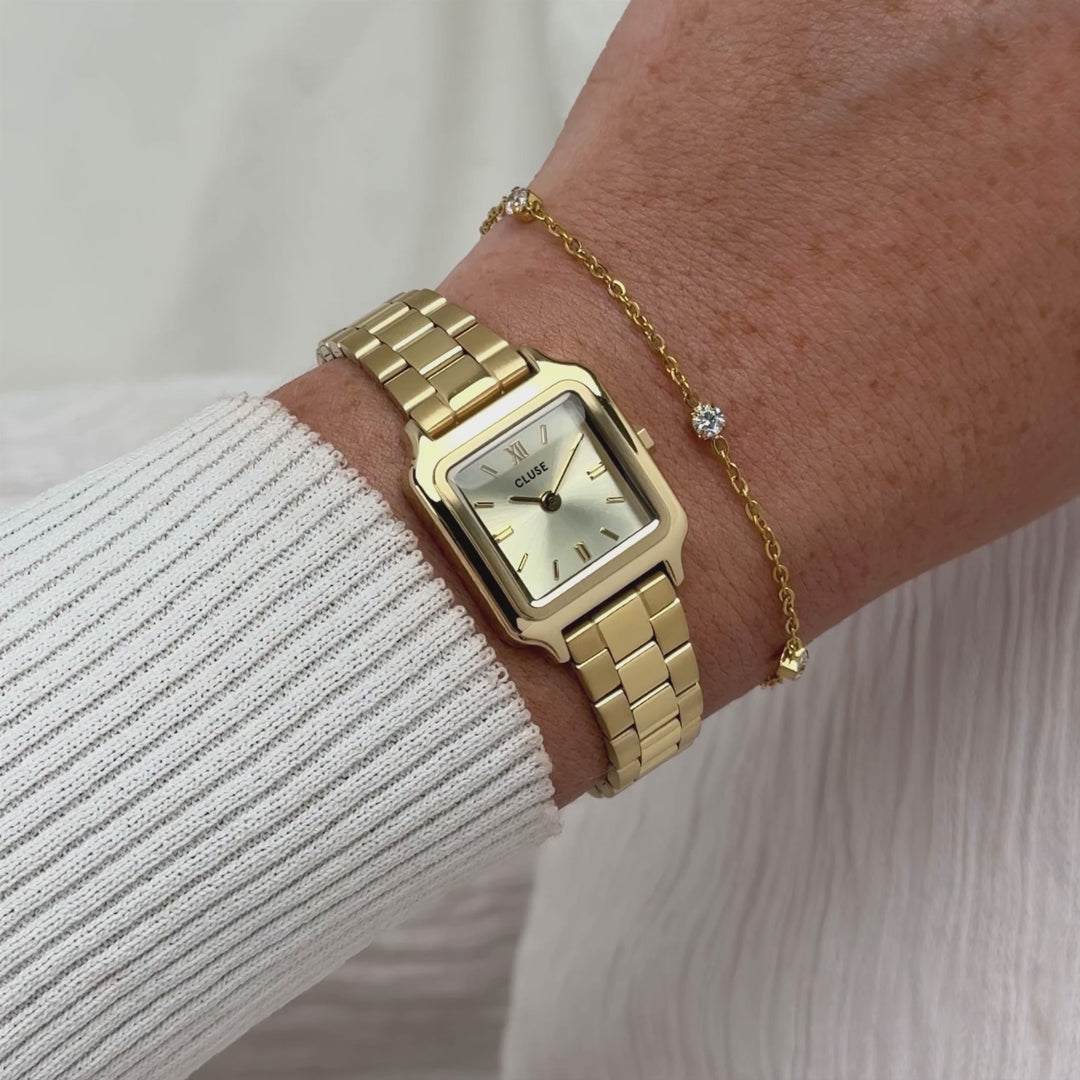 CLUSE Gift Box Gracieuse Mini Watch Steel &amp; Zirconia Chain Bracelet, Full Gold Colour CG15501 - Moving wrist shot