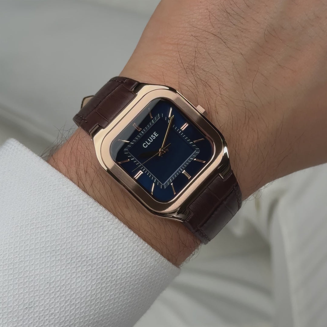 CLUSE Quadrus Leather, Blue, Rose Gold Colour CW25705 - Moving wrist shot