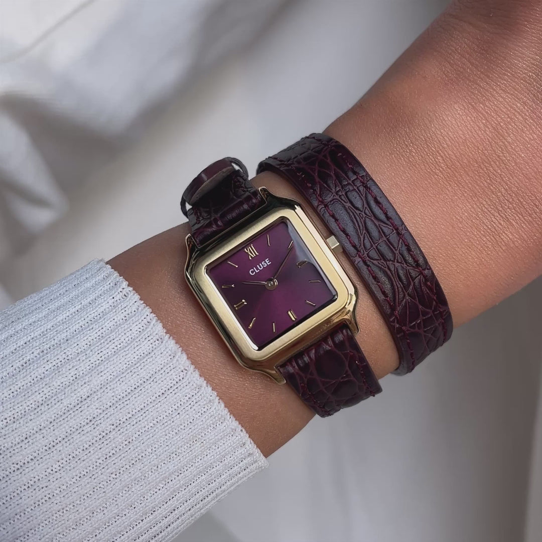 CLUSE Gracieuse Petite Watch Double Crocodile Leather, Wine, Gold Colour CW11822 - Watch on wrist video