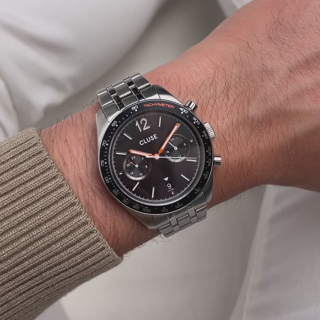 CLUSE Aravis Dual Timer Steel, Black, Silver Colour CW25603 - Moving wrist shot