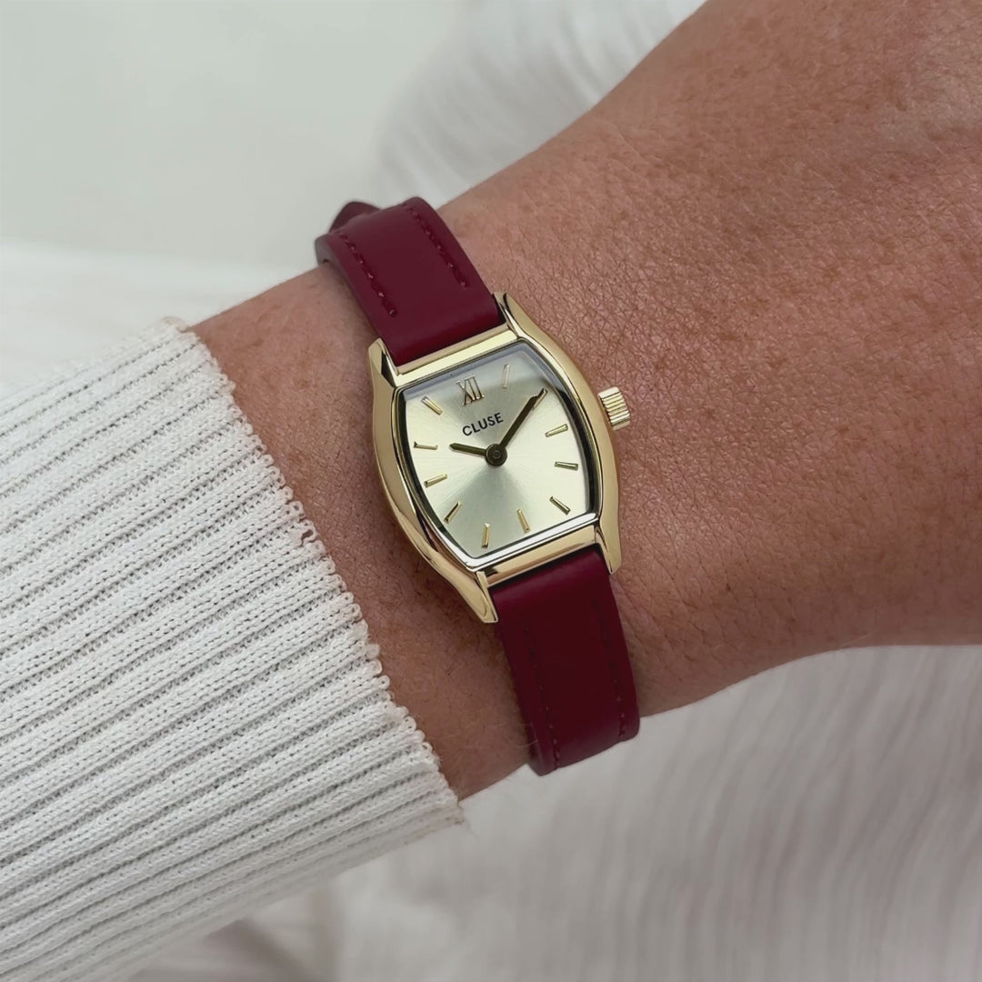 CLUSE Tonnette Mini Watch Leather, Red, Gold Colour CW16505 - Moving wrist shot