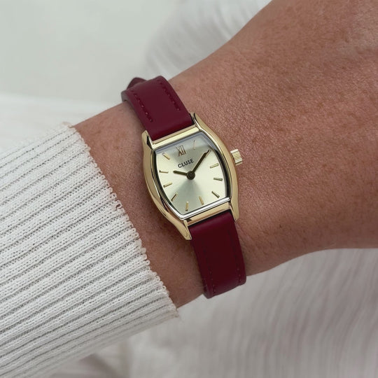 CLUSE Tonnette Mini Watch Leather, Red, Gold Colour CW16505 - Moving wrist shot