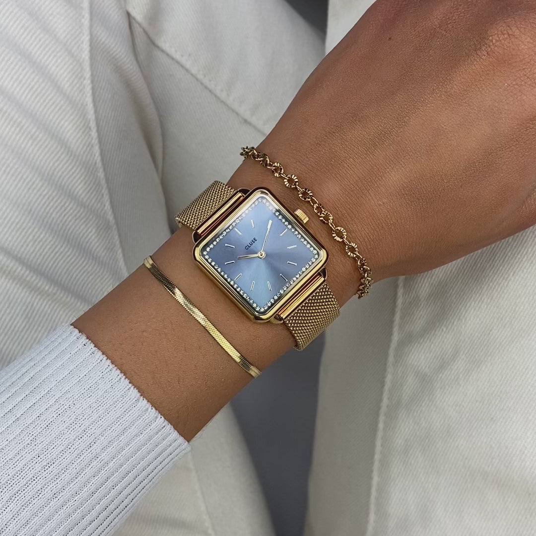 CLUSE La Tétragone Mesh Gold/Light Blue CW10310 - Watch on wrist
