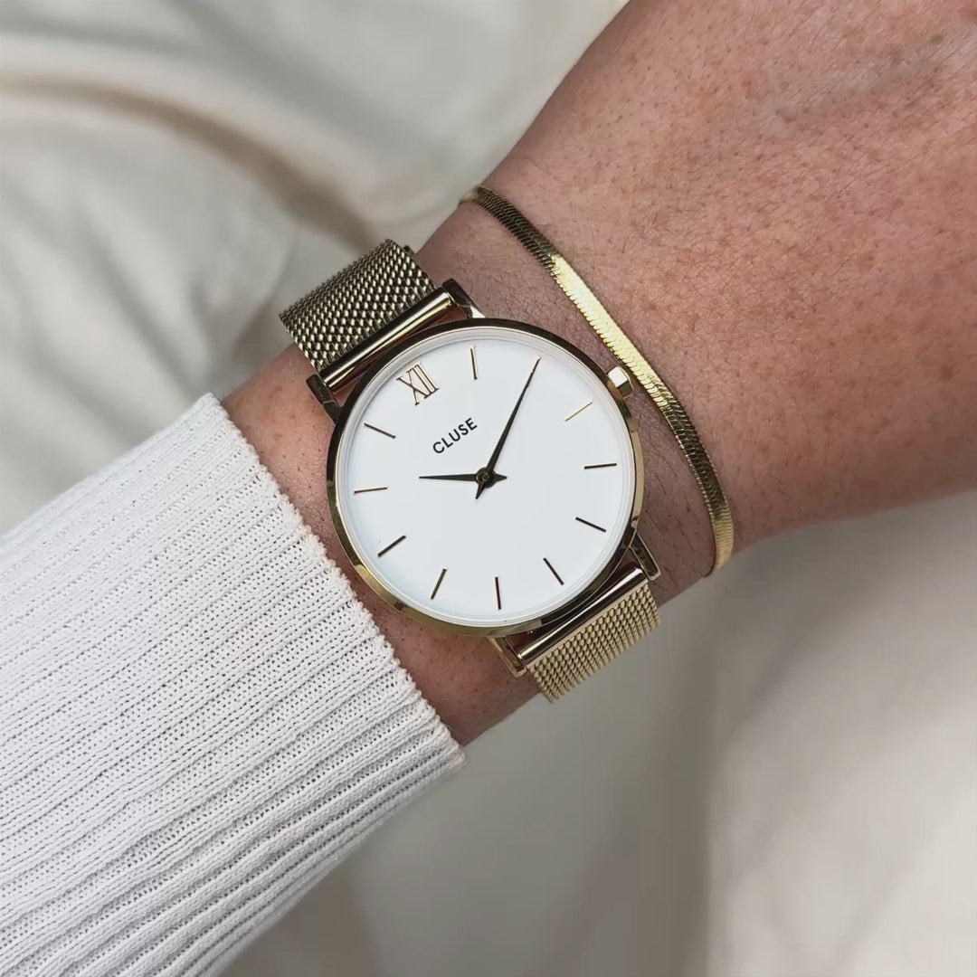 CLUSE Gift Box Minuit Watch Mesh, White & Flat Snake Bracelet, Gold Colour CG10215 - wristshot video
