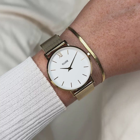 CLUSE Gift Box Minuit Watch Mesh, White & Flat Snake Bracelet, Gold Colour CG10215 - wristshot video