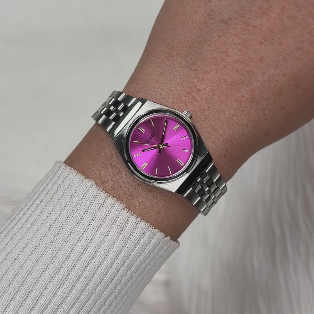 CLUSE Retro 70s Mini Watch Steel, Fuchsia, Silver Colour CW16303 - Moving wrist shot