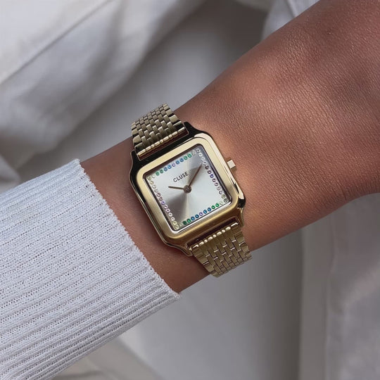 CLUSE Gracieuse Petite Watch Steel, Rainbow stones, Gold Colour CW11823 - Wrist shot video