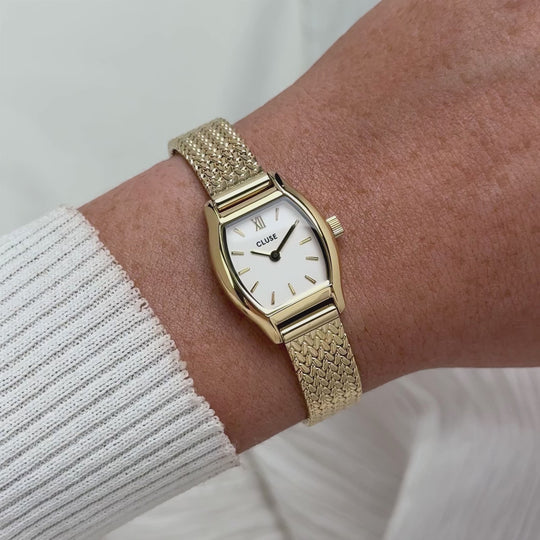 CLUSE Tonnette Mini Watch Mesh, White, Gold Colour CW16501 - Moving wrist shot