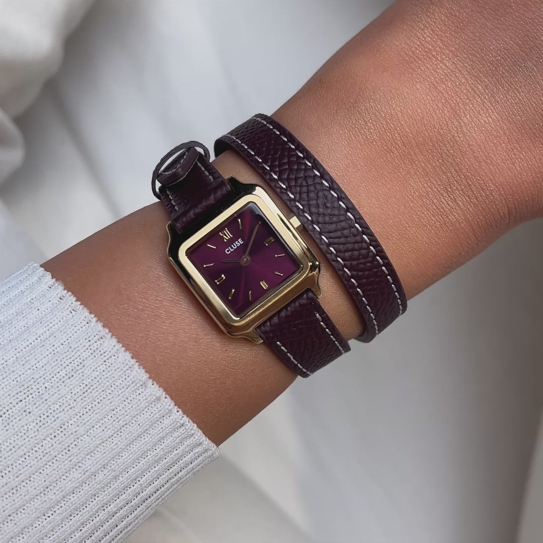 CLUSE Gracieuse Mini Watch Double Leather, Wine, Gold Colour CW15503 - Watch on wrist video