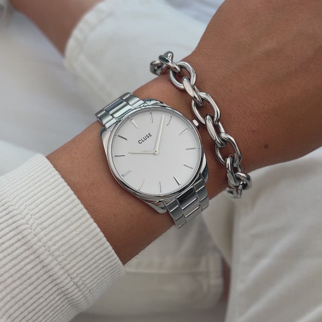 CLUSE Féroce 3-Link, Mesh, Silver, White CW0101212003 - Watch on wrist