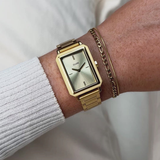 CLUSE Gift Box Fluette Watch Steel & Double Chain Bracelet, Gold Colour CG11507 - wristshot video with watch and bracelet