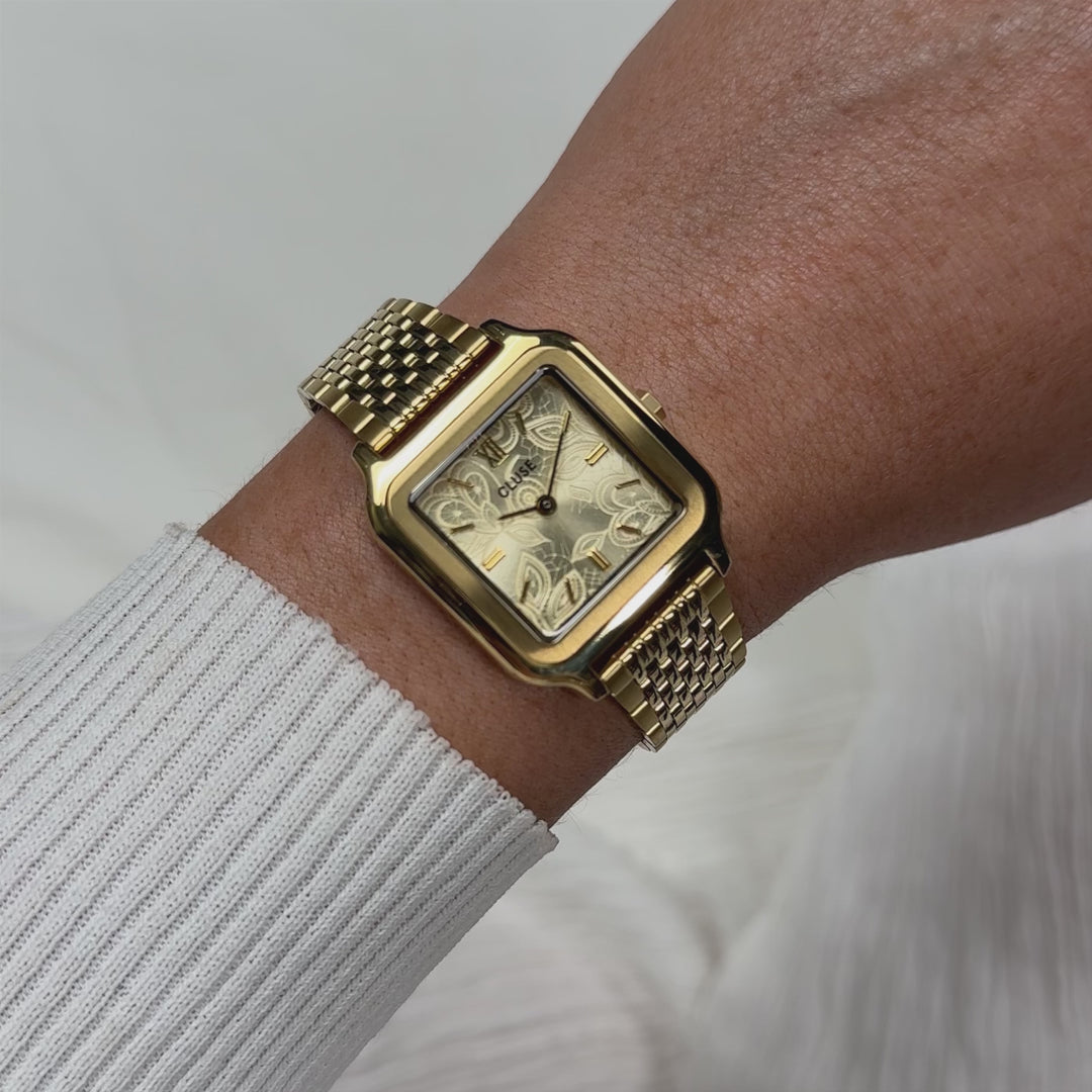 CLUSE Gracieuse Watch Steel, Lace Textured, Gold Colour CW11912 - Moving wrist shot