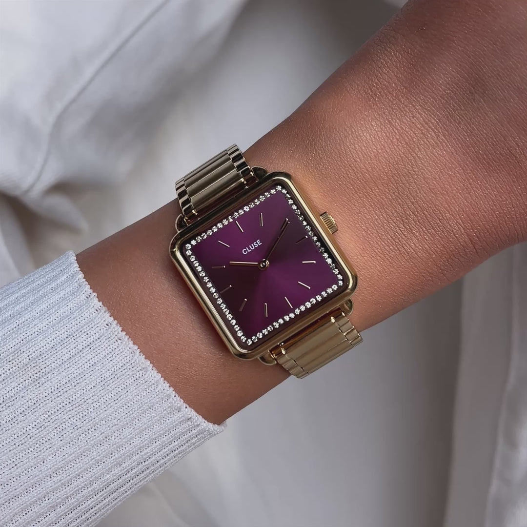 CLUSE La Tétragone Watch Steel, Wine stones, Gold Colour - Moving wrist shot