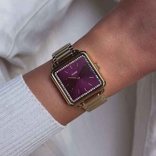 CLUSE La Tétragone Watch Steel, Wine stones, Gold Colour - Moving wrist shot