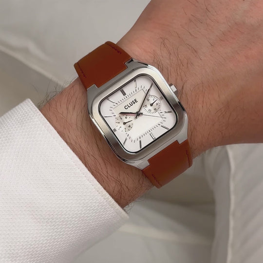CLUSE Quadrus Multifunction Leather, Light Brown, Silver Colour CW26208 - Moving wrist shot