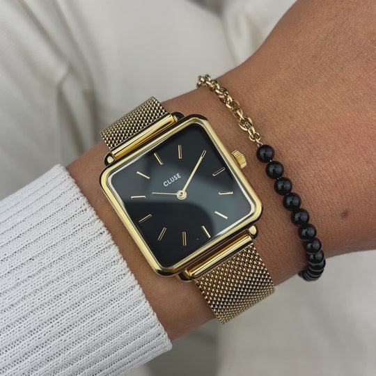 Gift Box La Tétragone Mesh Watch & Beads Bracelet, Gold Colour