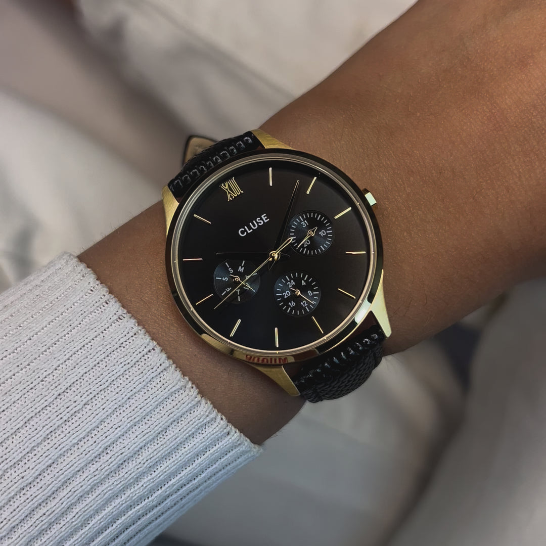 CLUSE Minuit Multifunction Black Watch Leather, Black Lizard, Gold Colour CW10708 - front wristshot video