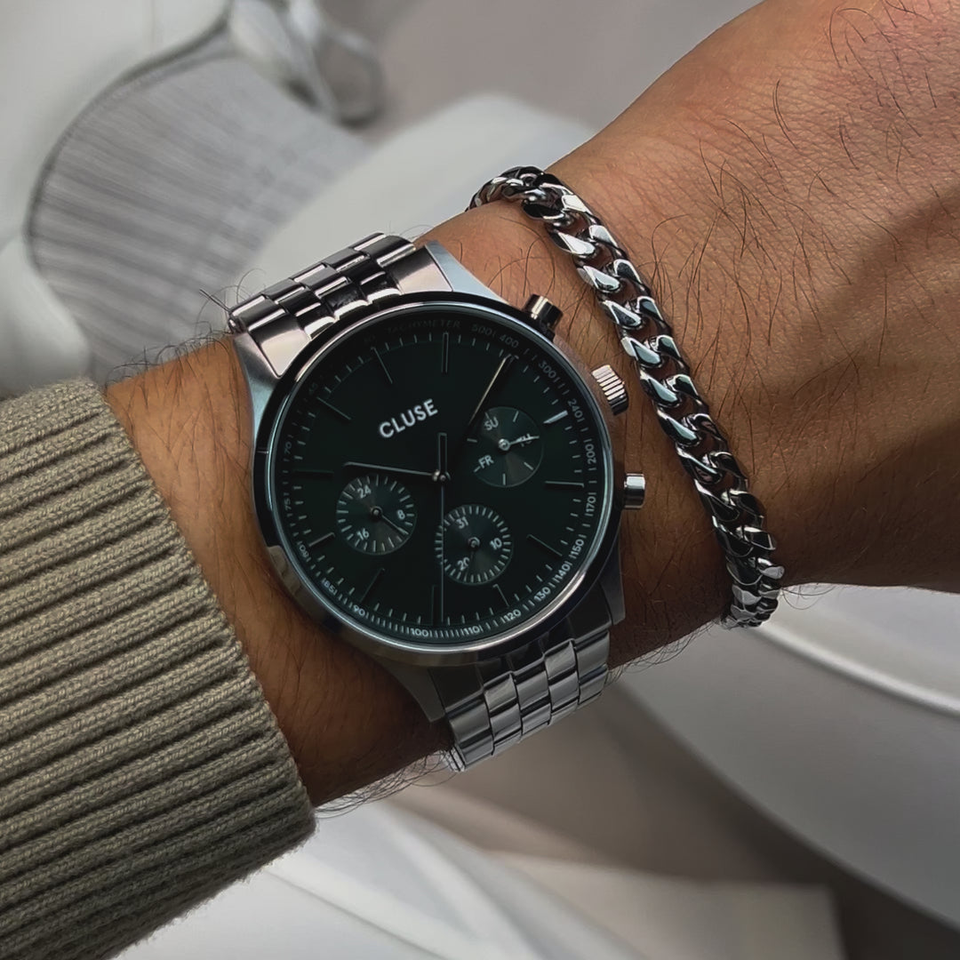 CLUSE Giftbox Anthéor Multifunction Steel Watch Green & Cuban Chain Bracelet CG20906 - wristshot video