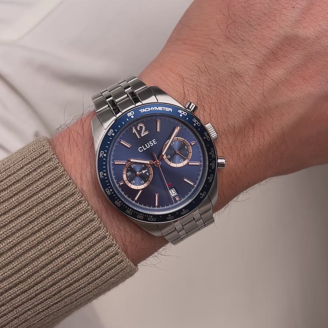 CLUSE Aravis Dual Timer Steel, Blue, Silver Colour CW25601 - Moving wrist shot