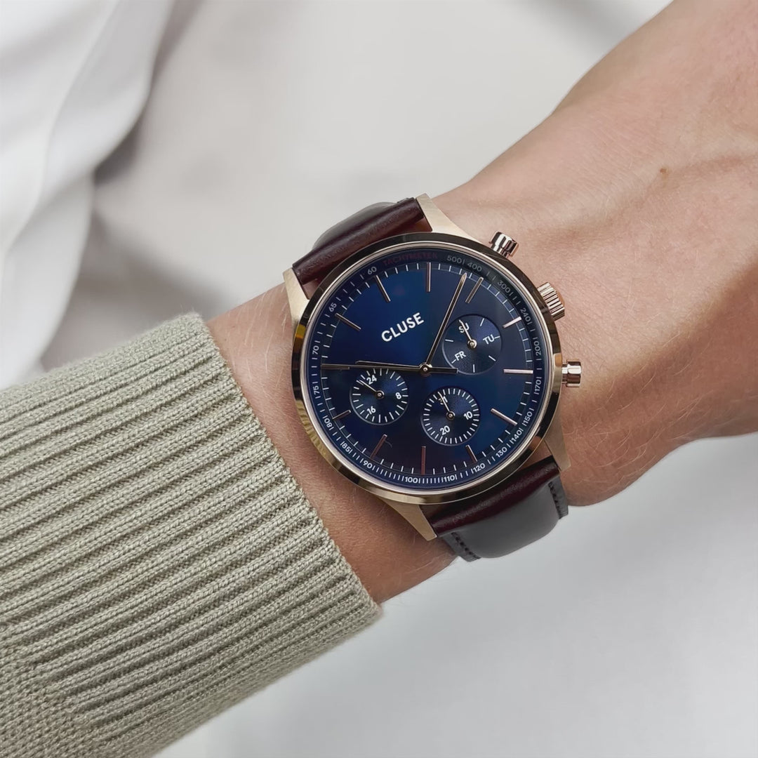 CLUSE  Anthéor Multifunction Watch leather blue, Rosé Colour  CW21009 - wristshot image