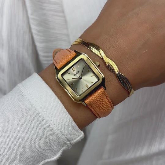 Gracieuse Petite Watch Leather, Apricot Lizard, Gold Colour CW11808 - moving wristshot.