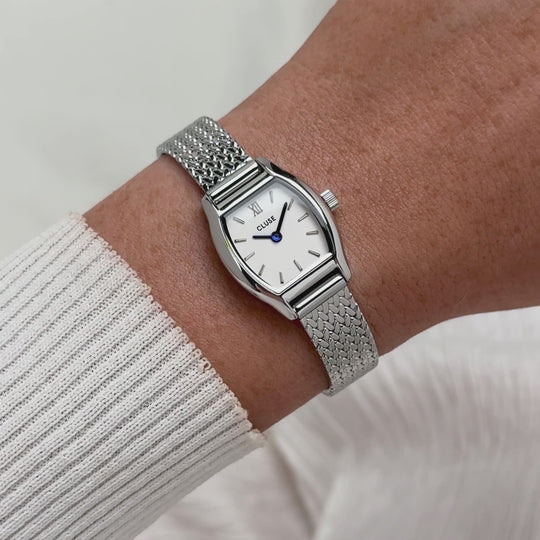 CLUSE Tonnette Mini Watch Mesh, White, Silver Colour CW16502 - Moving wrist shot